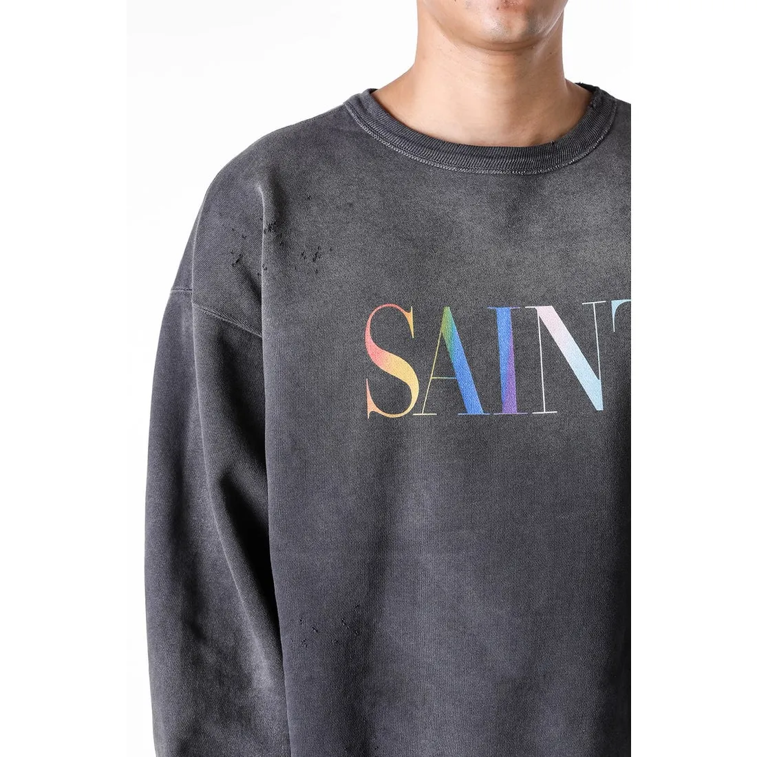 SAINT Mxxxxxx CREW NECK SWT SHIRTS 'RAINBOW SNT'/BLK Rainbow SAINT destruction sweatshirt, washed black S-XL Assute dyeing, genuine whole garment sprayed with horsetail fading process, collar/cuffs frayed in many places, front and rear panels/sleeves super complicated hanging grinding, heavy washing and water discoloration, correct fruit mark/angel mark